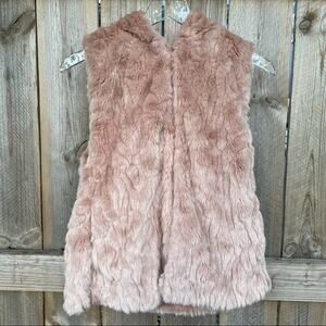 Express Women Faux Fur Vest Hooded Pockets Sleeveless Hook & Eye Pink XS/S NWT